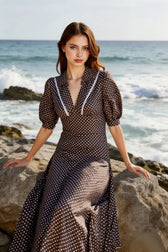 Polka Dot V-Neck Puff Sleeve Bodycon Maxi Dress
