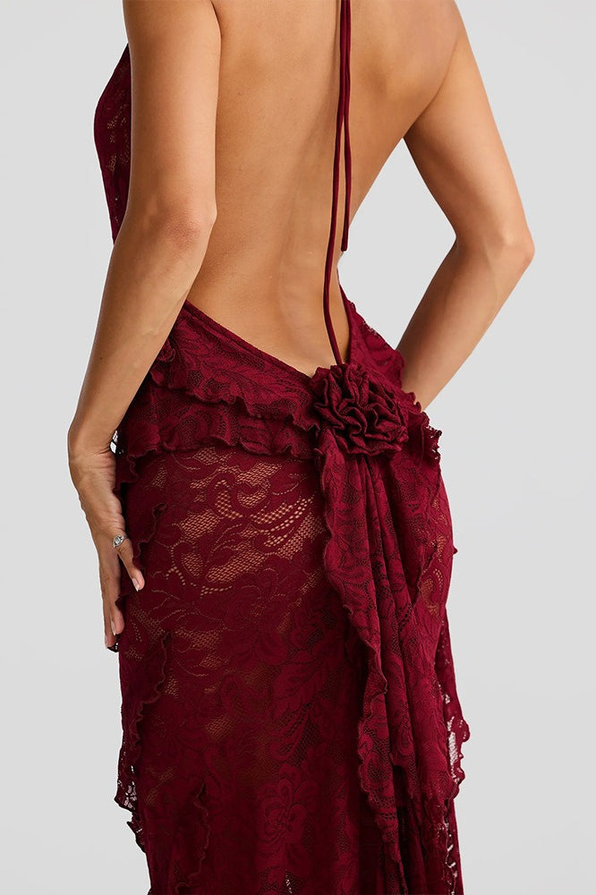 Backless Halter-Neck Deep V-Neck Lace Bodycon Maxi Dress