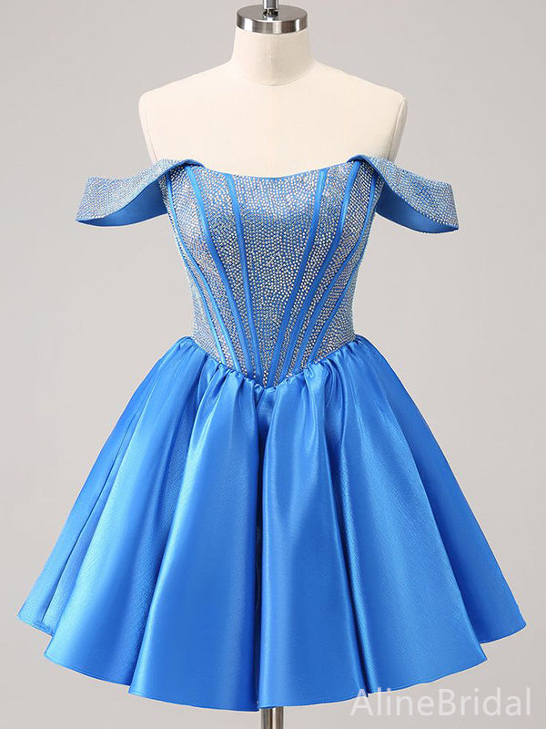 Satin Off Shoulder Beaded Corset Bodice A-Line Homecoming Dress
