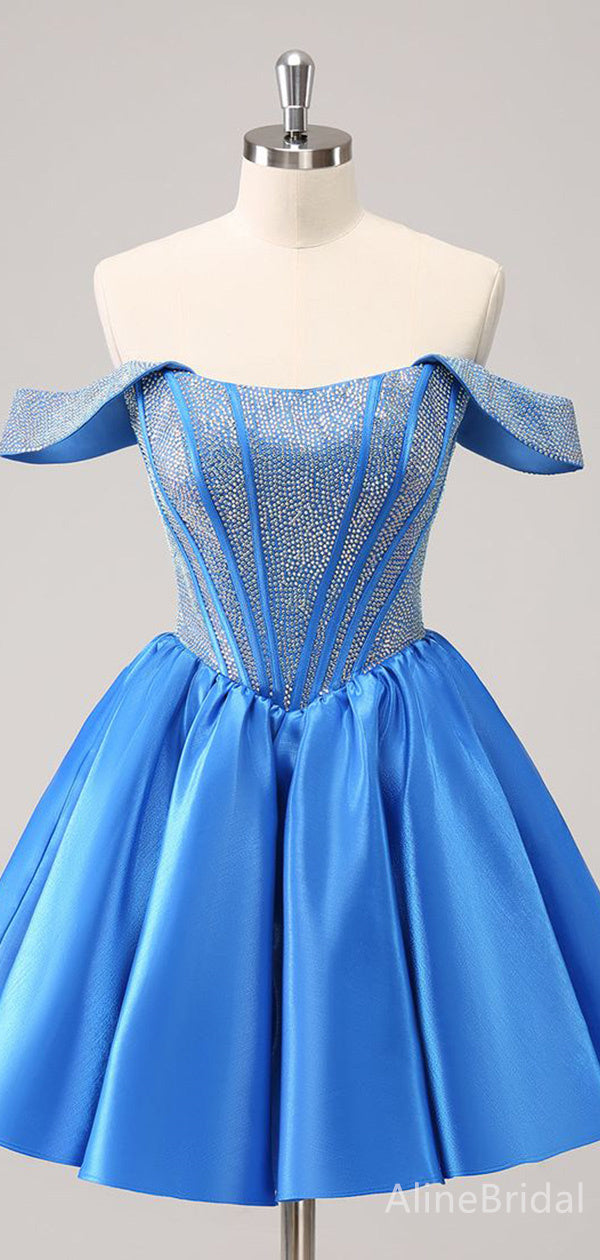 Satin Off Shoulder Beaded Corset Bodice A-Line Homecoming Dress 3