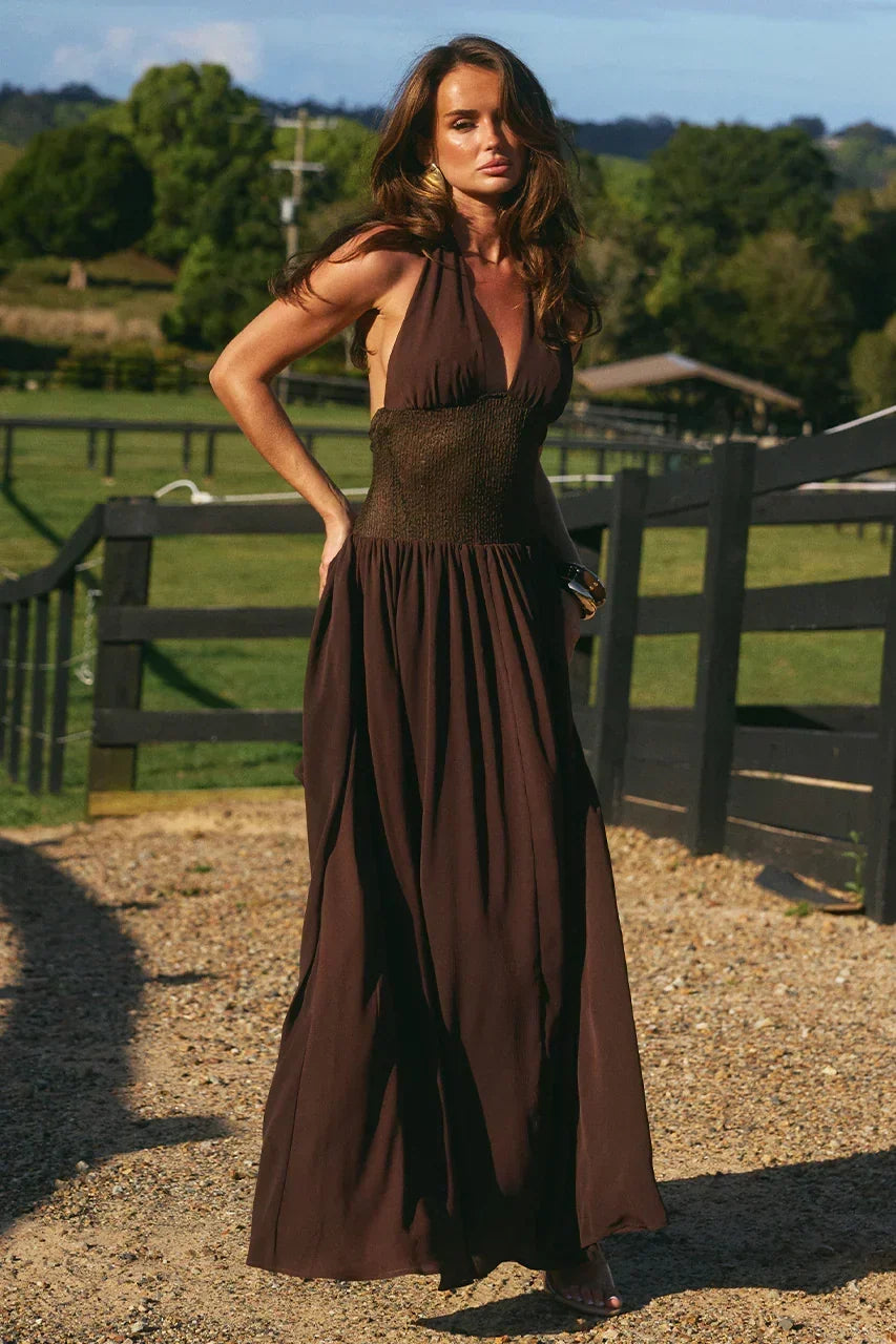 Plunge Halter Neck Knit Waist Panel Chiffon Maxi Dress 3