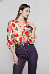 Simple Cartoon Floral Print Plus Size Blouse