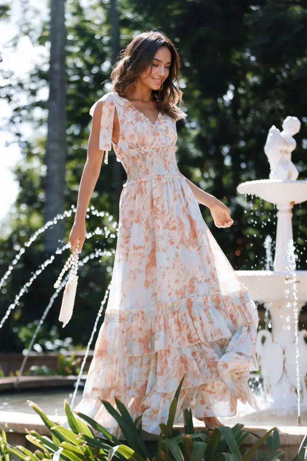 Floral Print Tie Shoulder Shirred Bodice Tiered Ruffle Maxi Dress