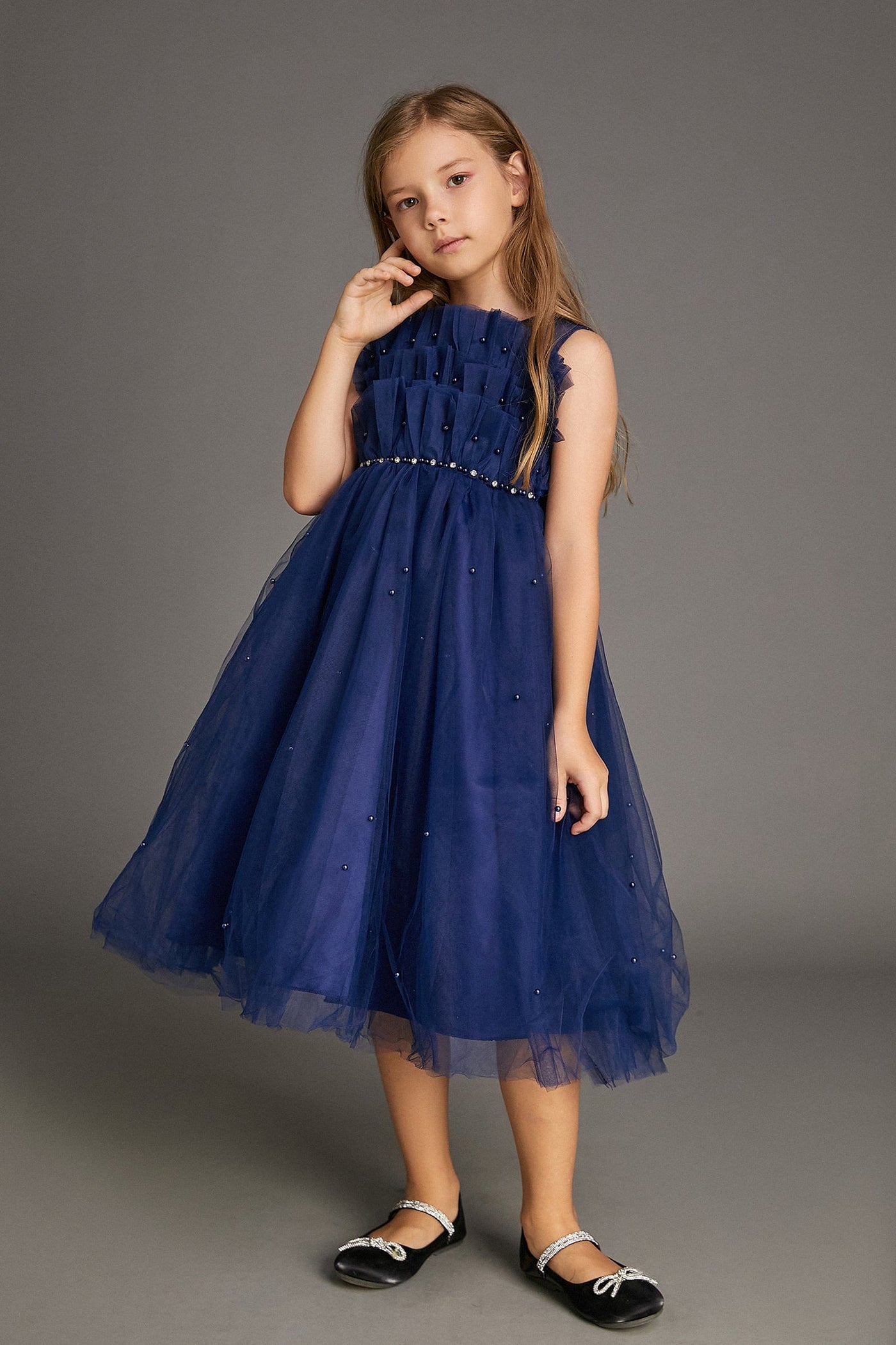 Kids Midnight Blue Strapless Ruffled Maxi Party Dress - View 4