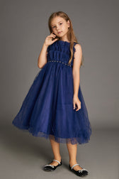 Kids Midnight Blue Strapless Ruffled Maxi Party Dress - View 4