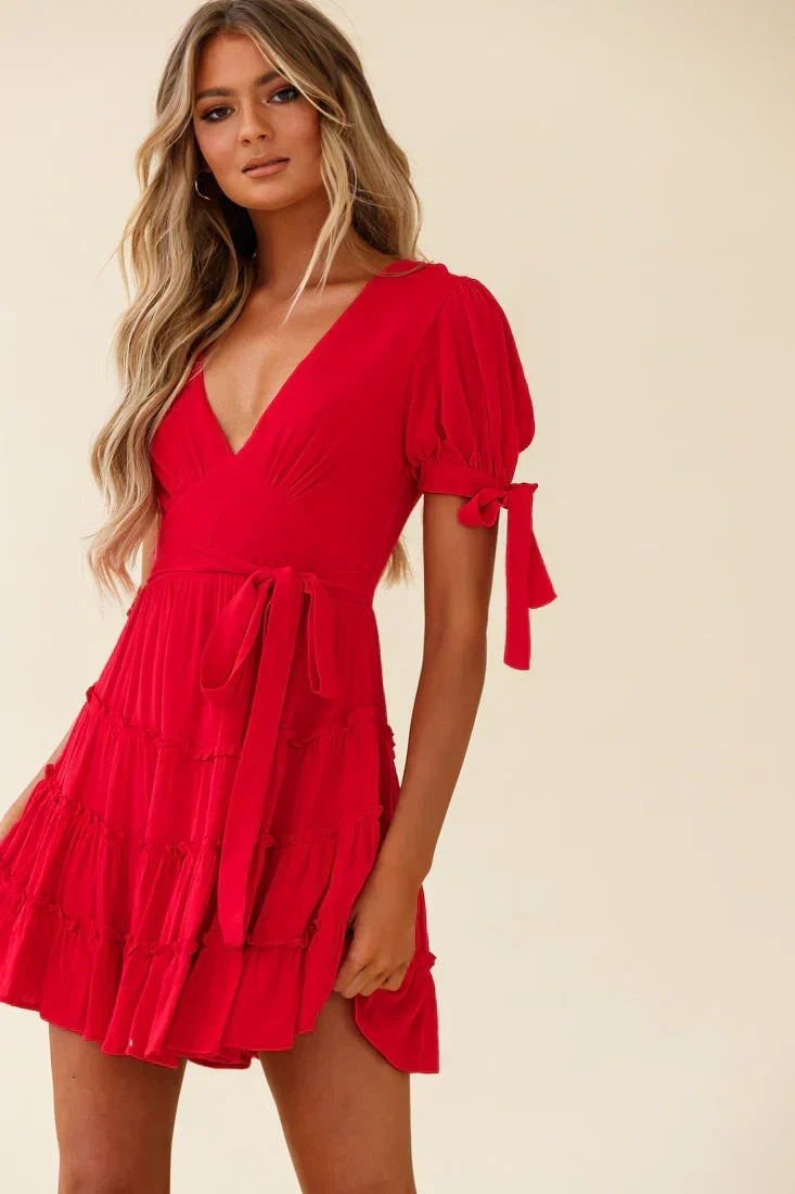 V-Neck Tie Cuff Puff Sleeve Tie Waist Tiered Ruffle Mini Dress 4