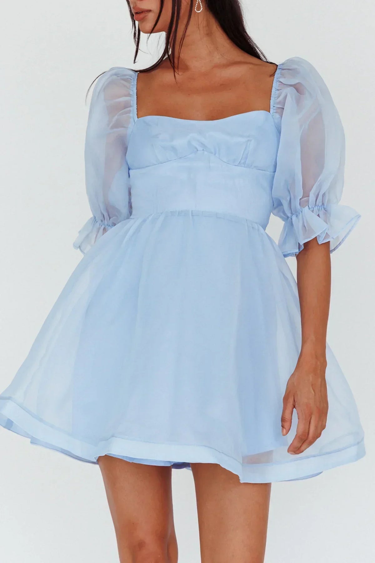 Organza Square Neck Puff Sleeve Corset Waist Skater Mini Dress 5