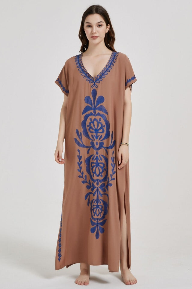 Embroidered V-Neck Short Sleeve Kaftan Maxi Dress 4
