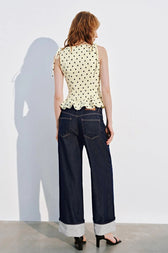 Polka Dot Tie Ruffle Waist Cinched Crop Top