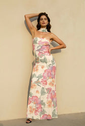 Satin Backless Strapless Print Vacation Dress