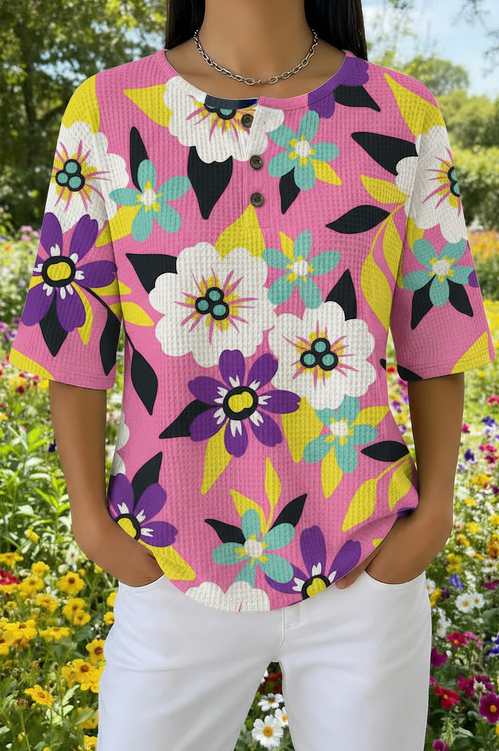 Bold Floral Print Short Sleeve Waffle Henley Top
