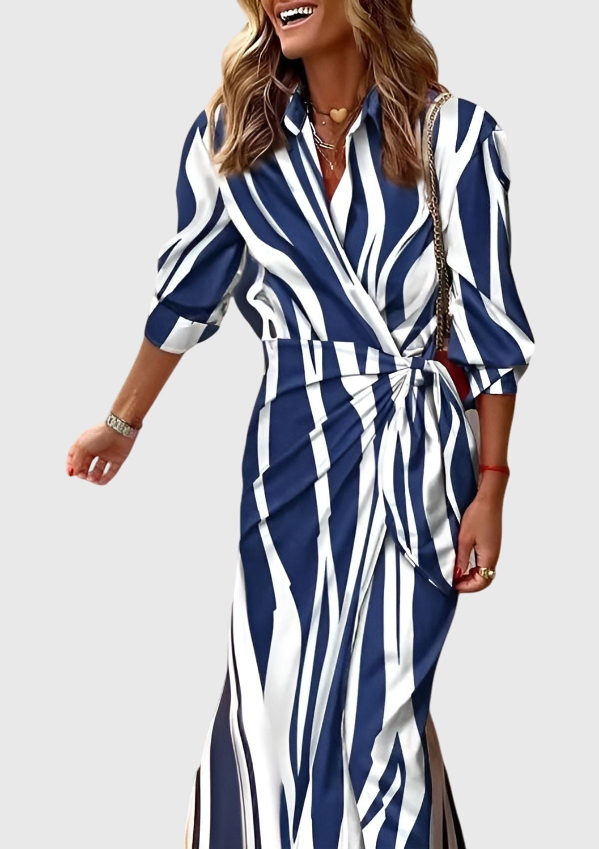 Geometric Print Collared Long Sleeve Wrap Tie Midi Dress 11