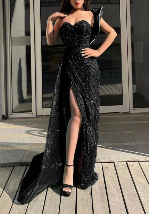 Emerald Green Sweetheart One-Shoulder Sequins Beading Evening Dress Mermaid Prom Dress With Split cc1634