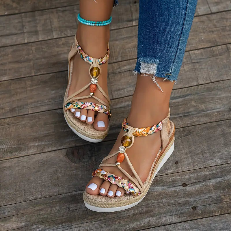 Beaded Braided Strap Espadrille Wedge Sandals