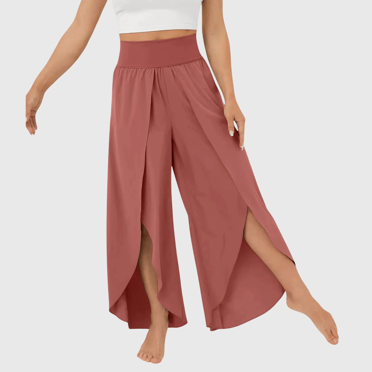 High Waist Split Front Layered Wide Leg Palazzo Pants
