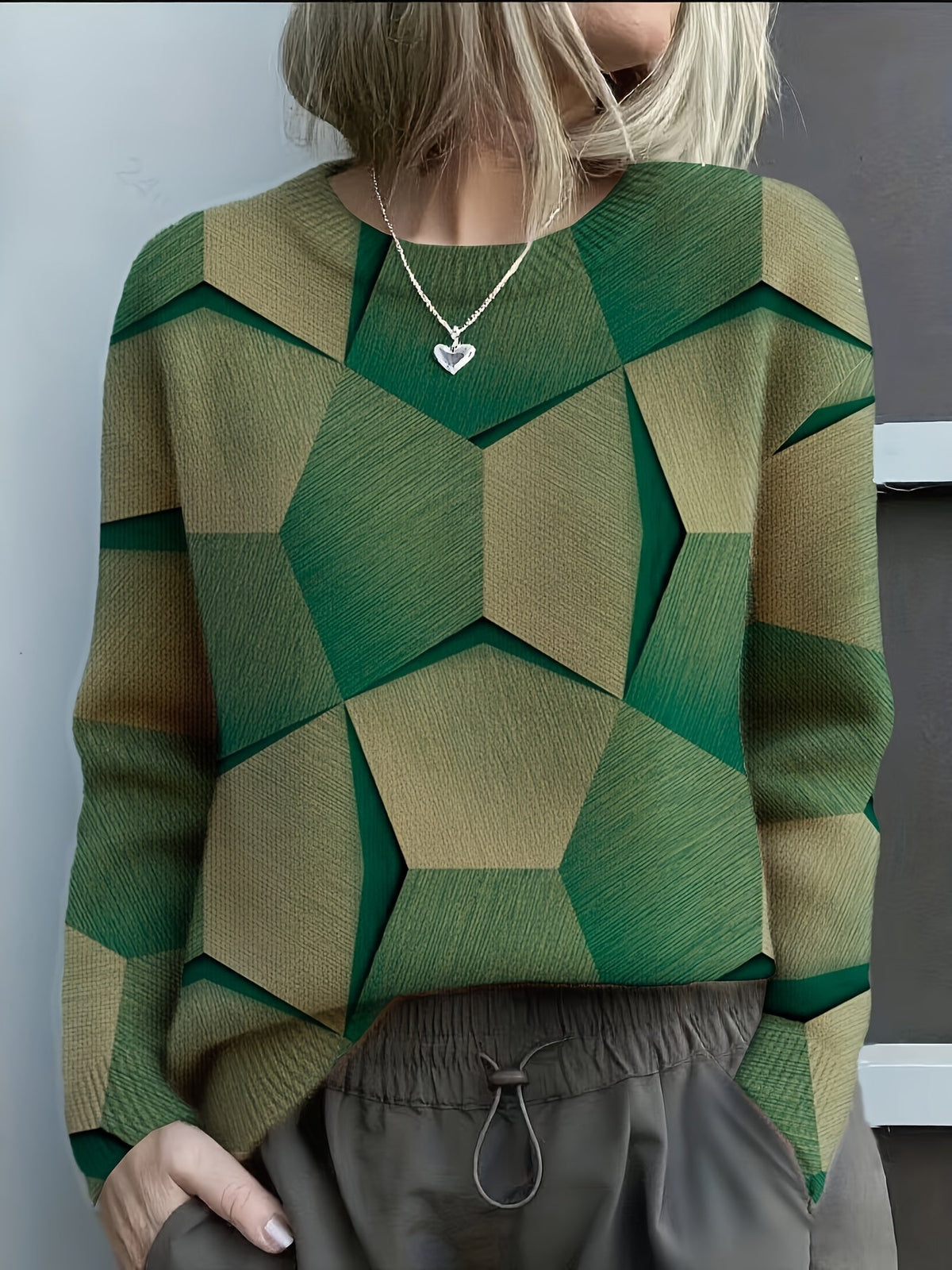 Crew Neck Geometric Colorblock Knit Sweater