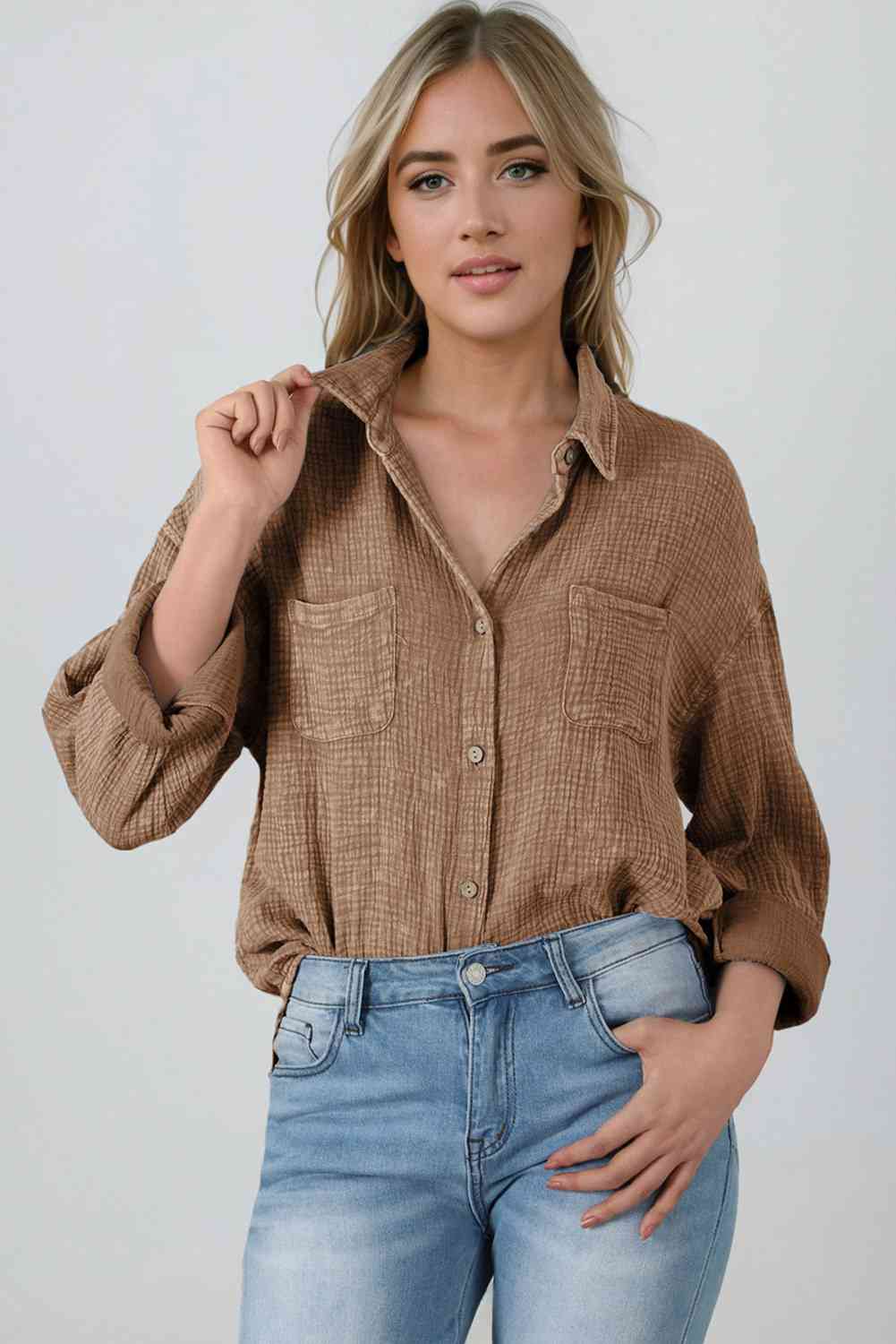 Textured Crinkle Collared Button Front Long Sleeve Chest Pocket Shirt 30