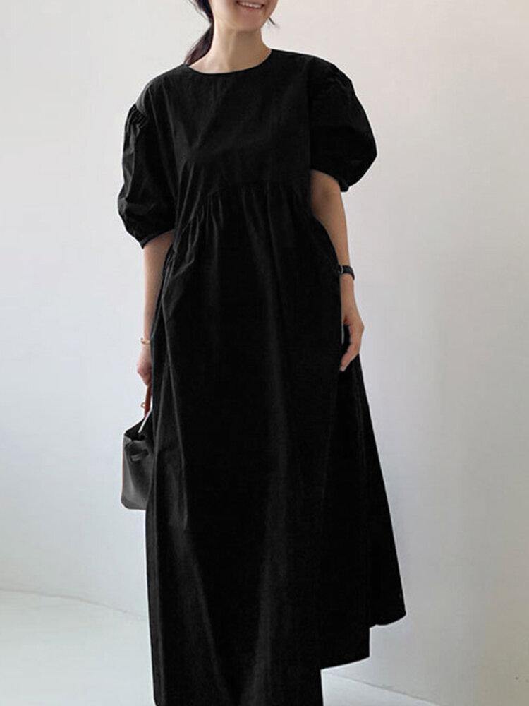 Puff Sleeve Round Neck Empire Waist Gathered Maxi Summer Dress