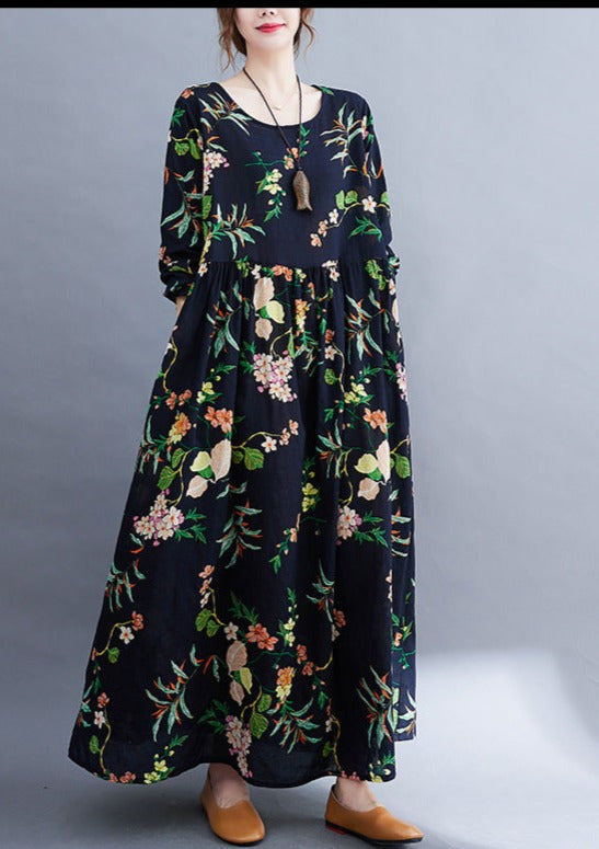 Floral Print Round Neck Long Sleeve Empire Waist Oversized Maxi Dress