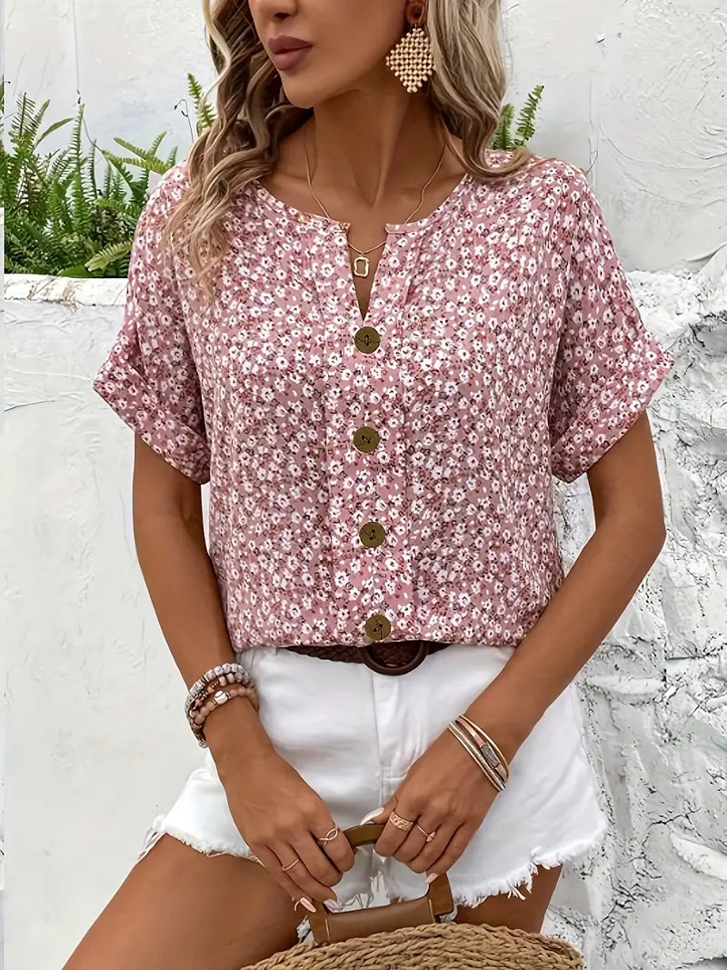 Ditsy Floral Button Front Short Sleeve Blouse 5
