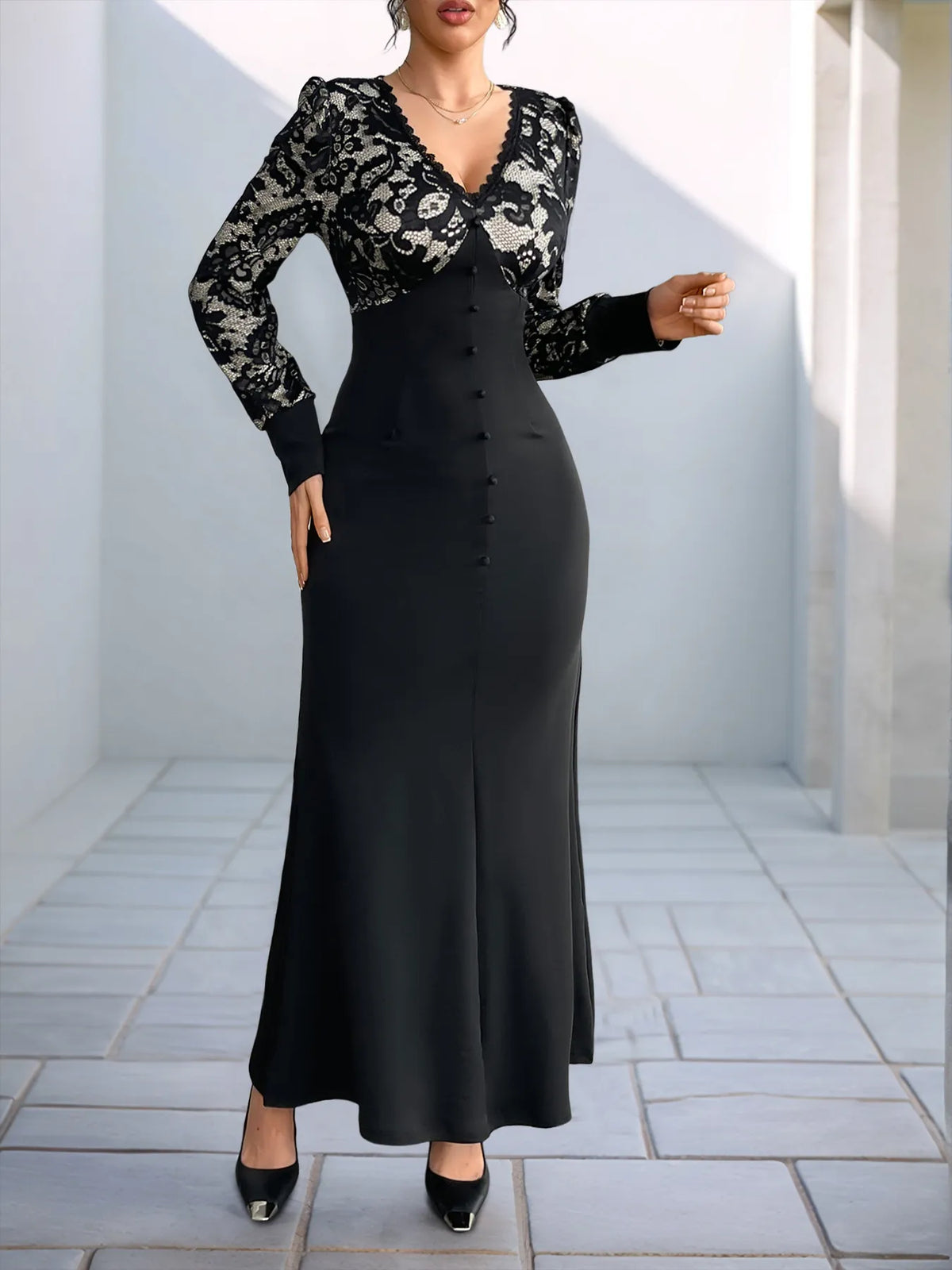 Lace V-Neck Long Sleeve Button Front Mermaid Maxi Dress 2