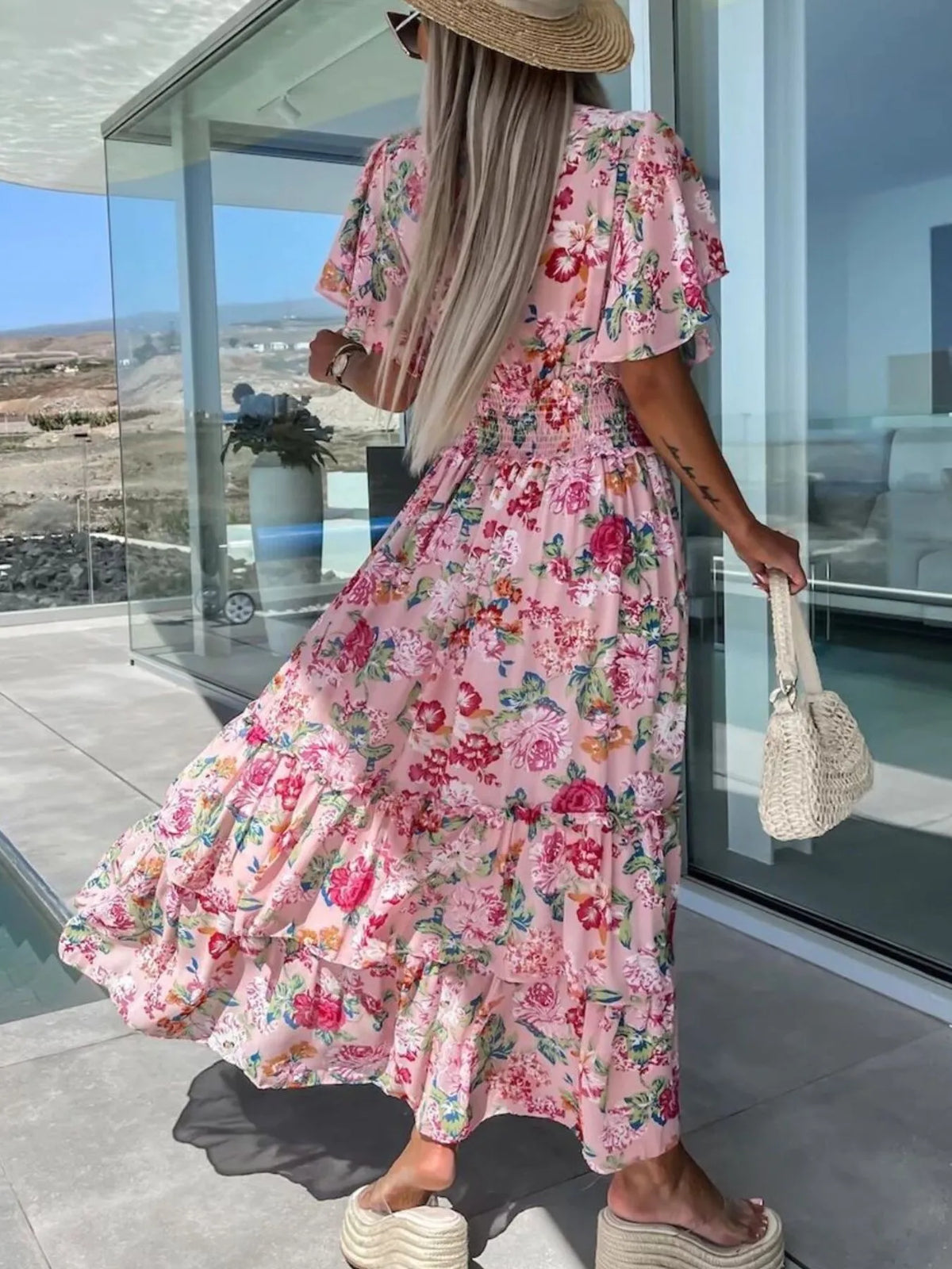 Floral Print Flutter Sleeve Maxi Dress