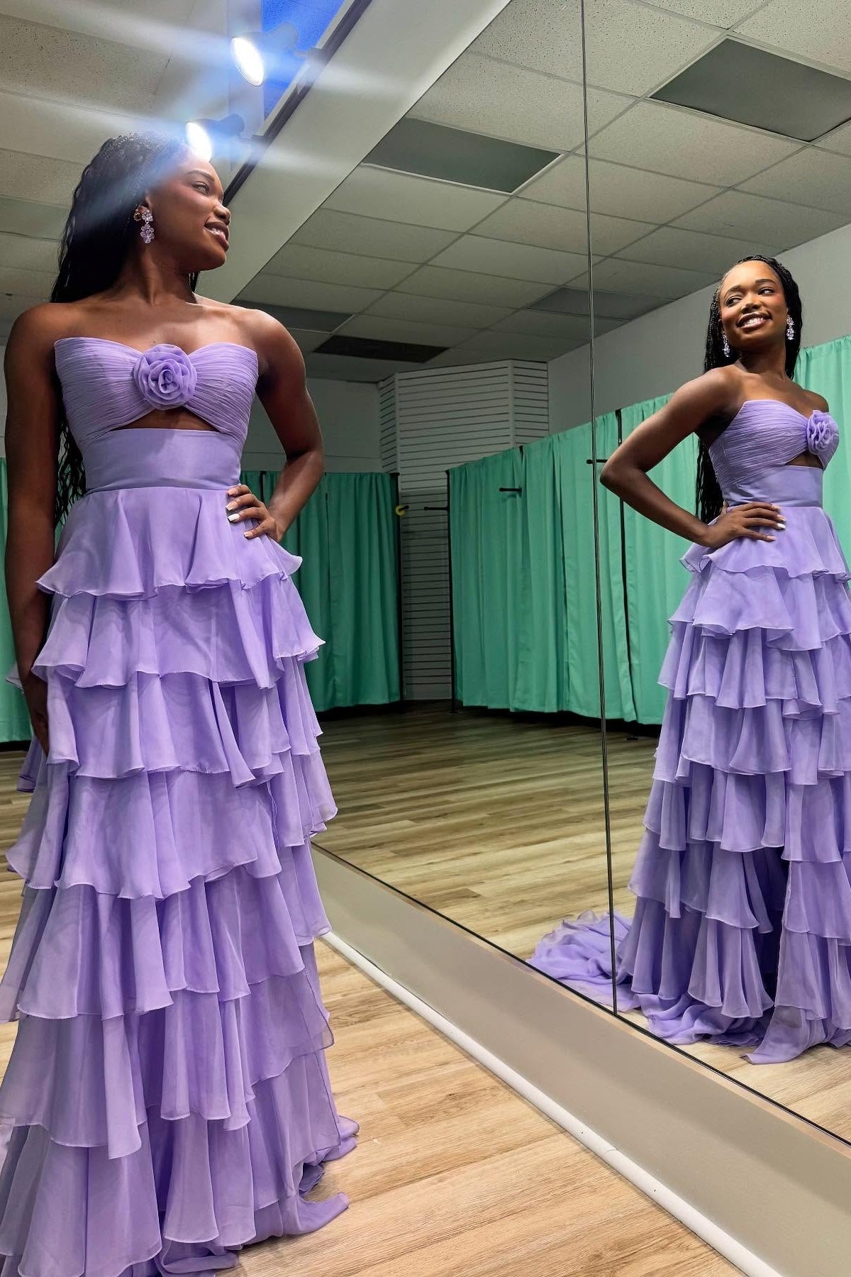 Cute Royal Blue A-Line Strapless Long Tiered Prom Dress with Slit
