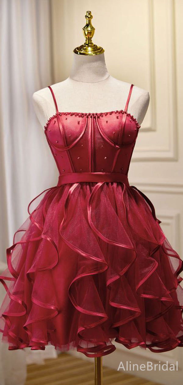 Gorgeous Red Spaghetti Strap Corset A-line Short Tiered Ruffles Homecoming Dress, HD32717