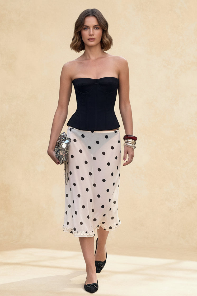 Polka Dot Sheer High Waist Ruffle Hem A-Line Midi Skirt