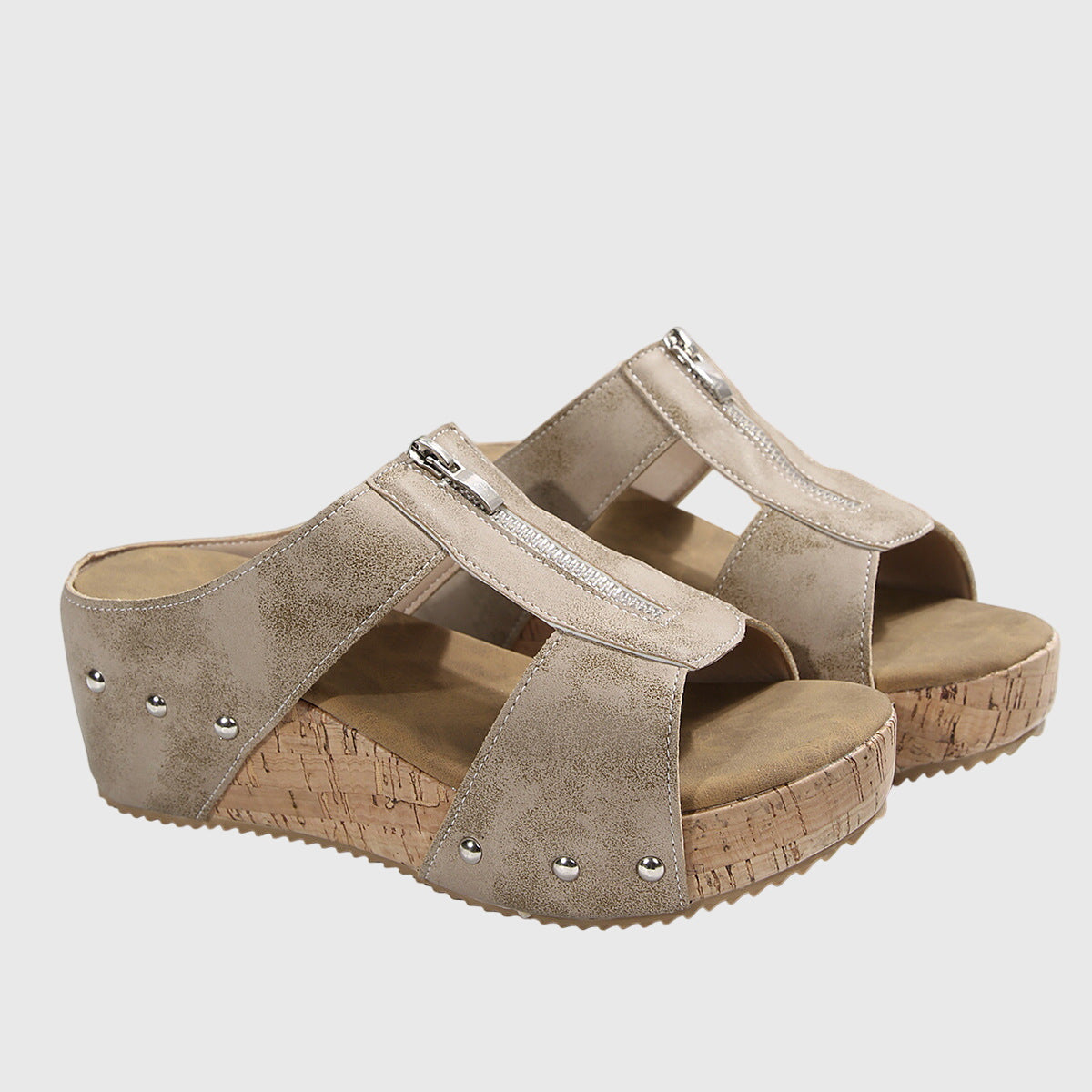 Open Toe Zip Front Cork Platform Wedge Mules 7