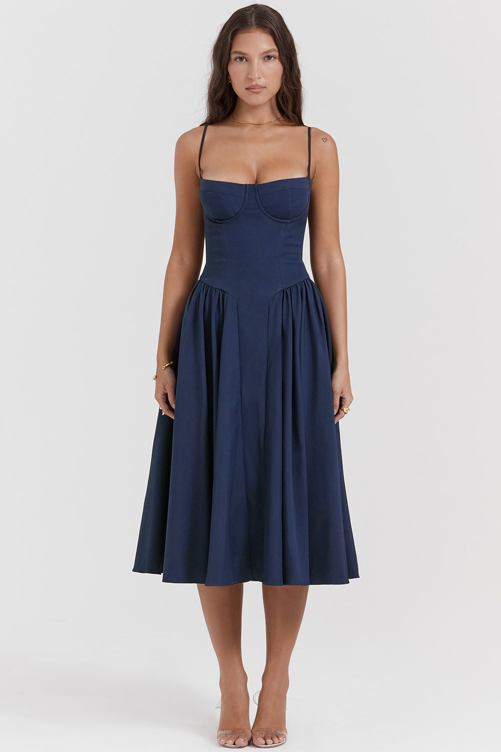 Underwire Sweetheart Corset Cami Drop Waist Full Skirt Midi Dress 3