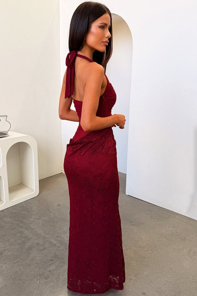 Halter Lace Low-Cut Backless Mesh Cutout Lace Dress