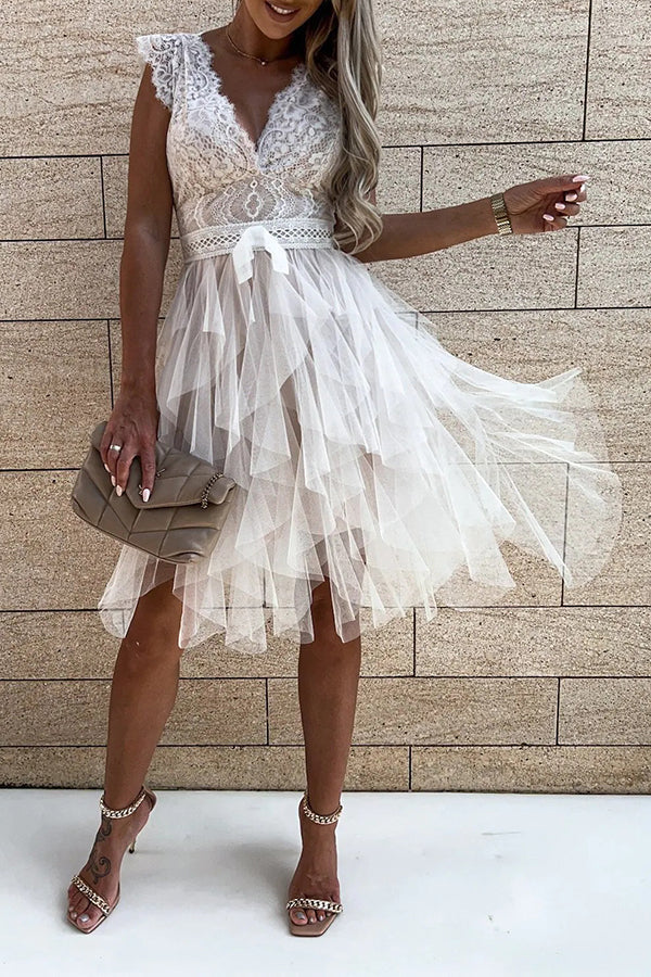 Gabriela Timeless Open-Shoulder Layered Lace Midi Dress with V Neck Evening Wear Edit