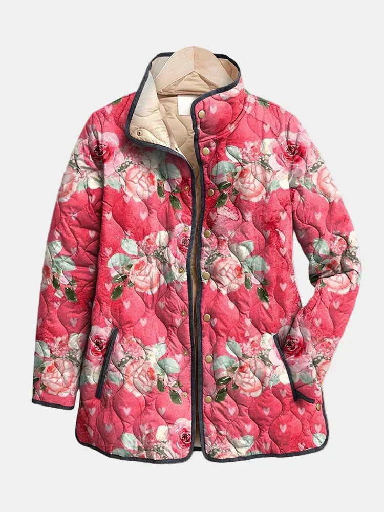 Floral Print Quilted Stand Collar Jacket