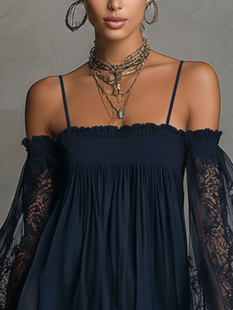 Off Shoulder Lace Bell Sleeve Smocked Mini Dress