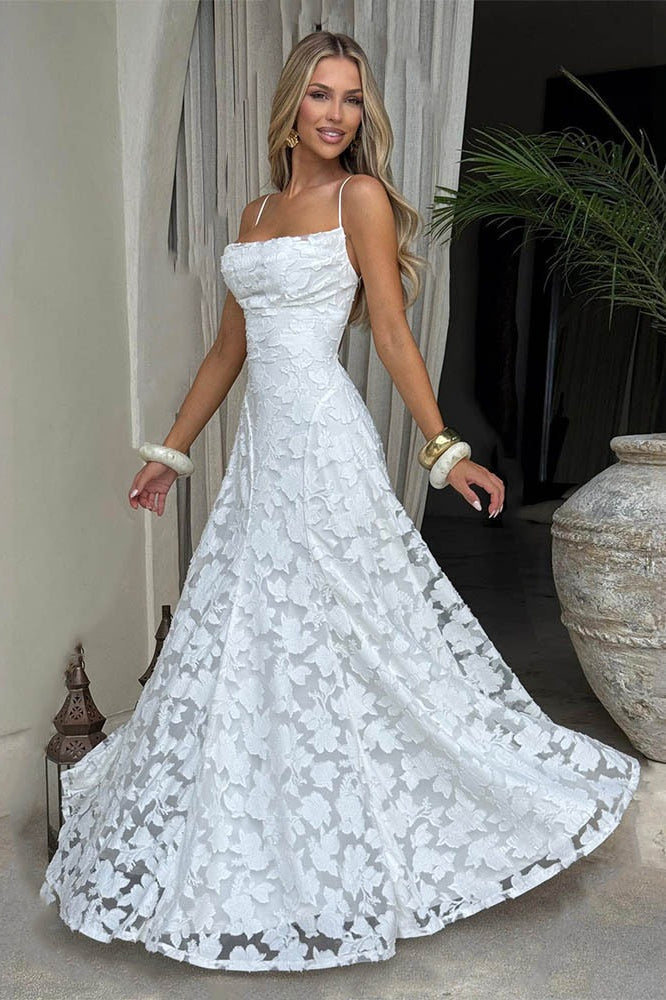 Floral Burnout Lace Spaghetti Strap Straight Neck A-Line Maxi Dress 2