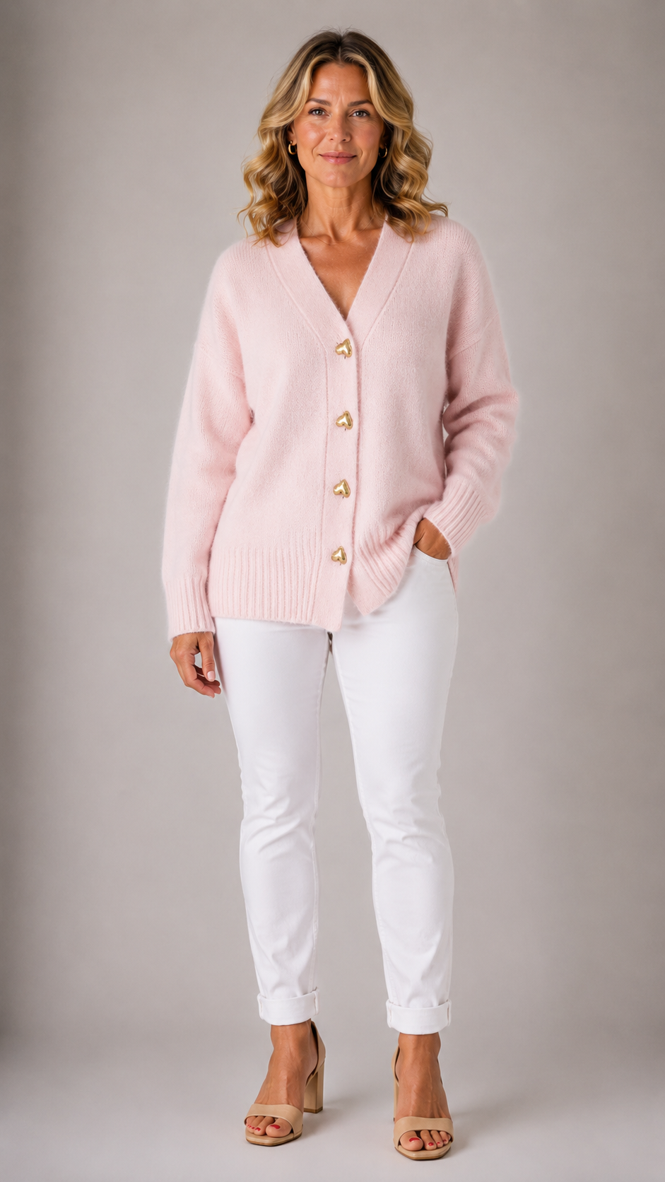 V-Neck Button Front Heart Button Oversized Cardigan