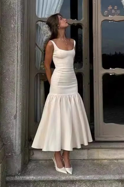 Square Neck Sleeveless Drop Waist Flounce Hem Midi Dress