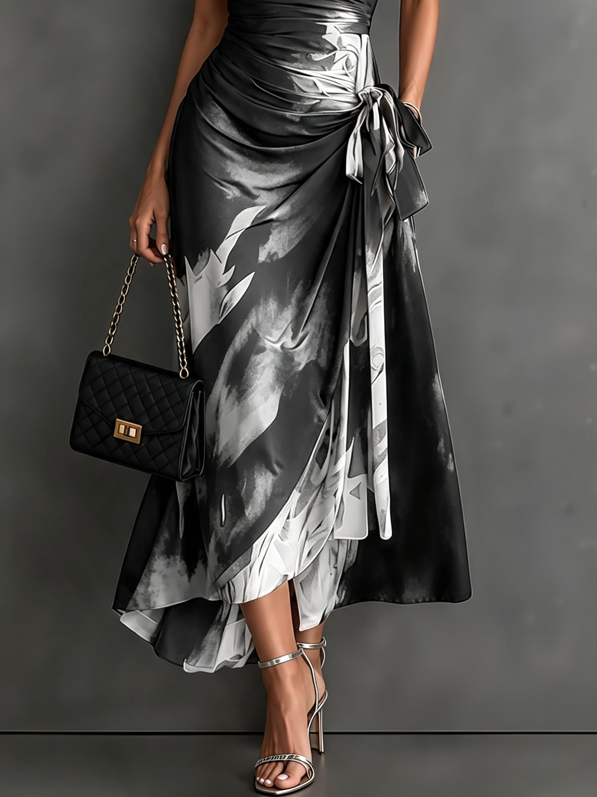 Abstract Print Collared Cap Sleeve Ruched Wrap Maxi Dress