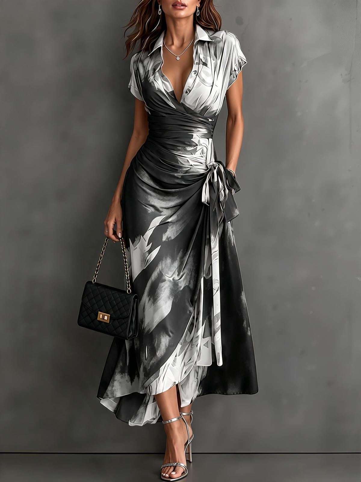 Abstract Print Collared Cap Sleeve Ruched Wrap Maxi Dress