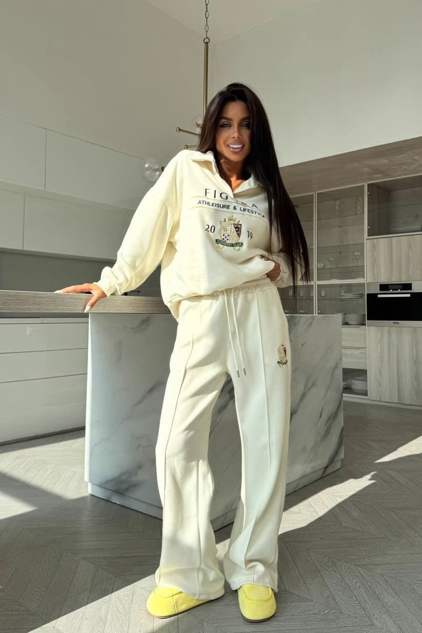 Collared Crest Graphic Sweatshirt and Drawstring Wide Leg Pants Two Piece Set
