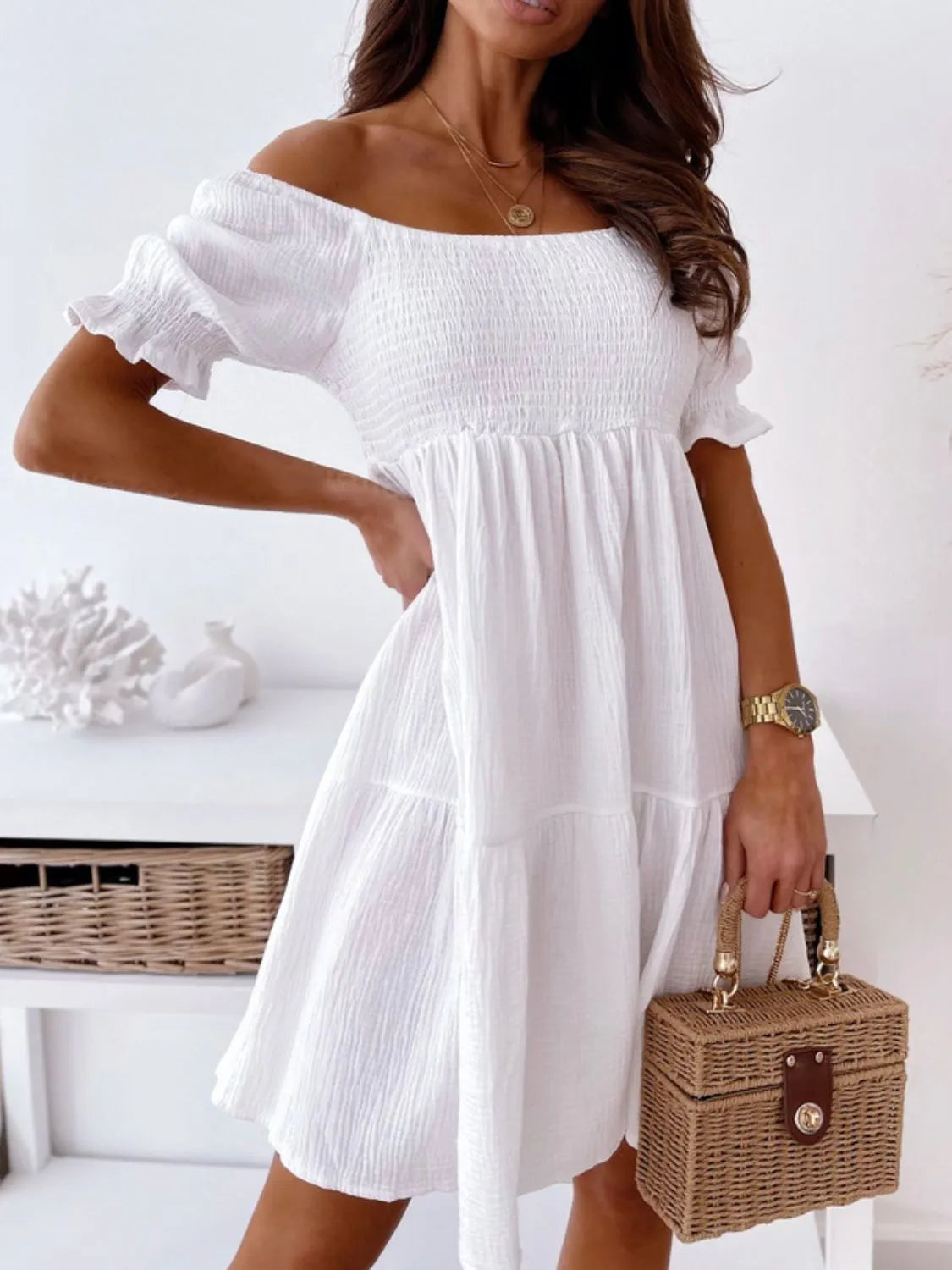 Textured Off Shoulder Smocked Puff Sleeve Tiered Midi Dress 4