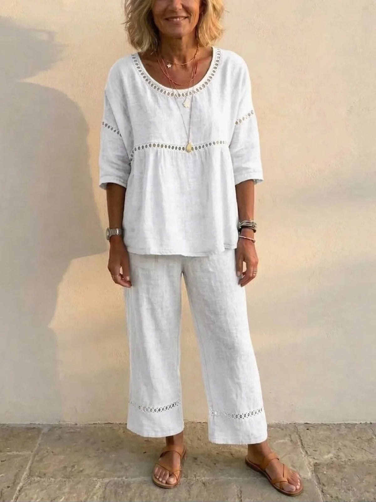 Crochet Cutout Trim Round Neck Top and Wide Leg Pants Two Piece Set