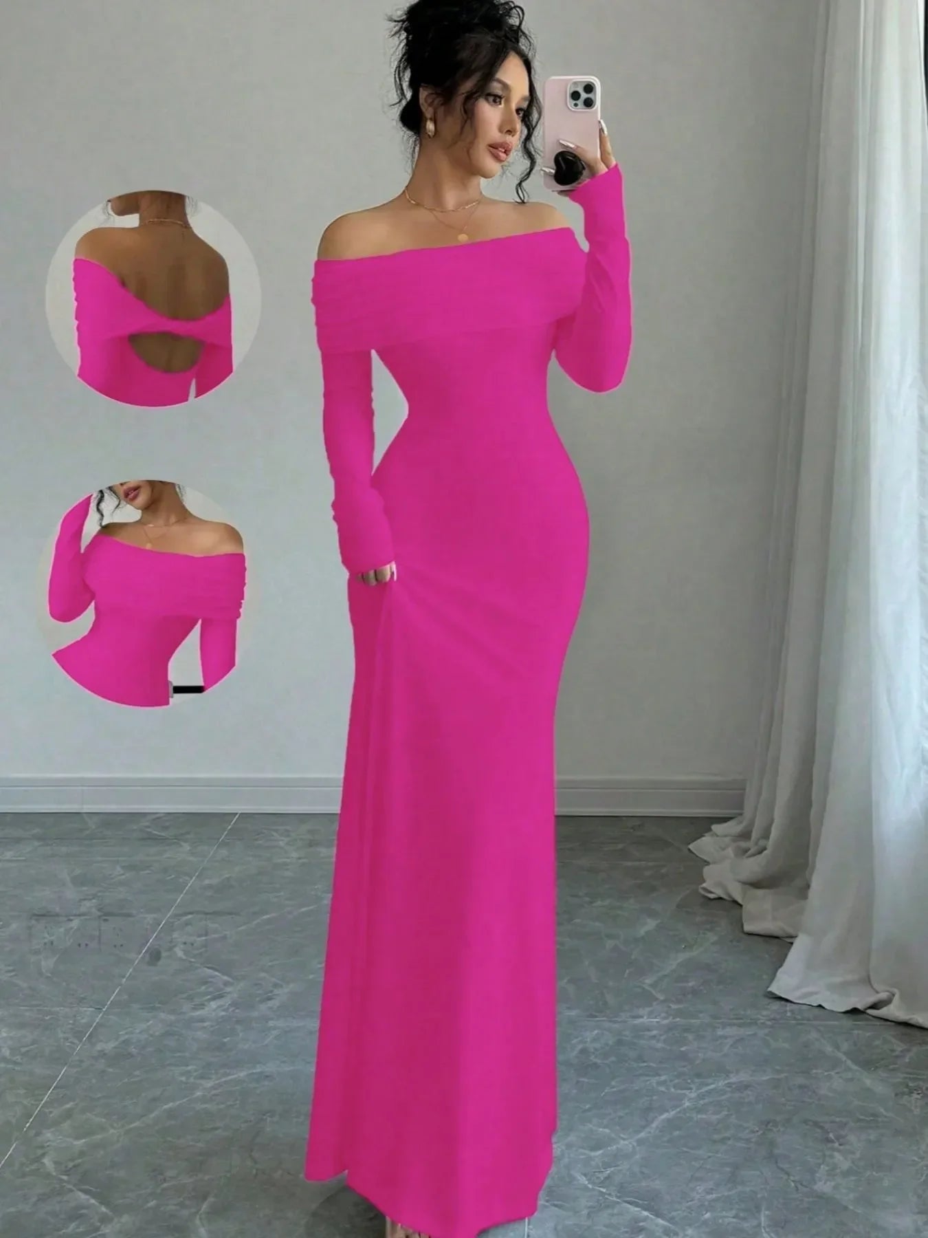Off-Shoulder Long Sleeve Bodycon Maxi Dress Rose Red