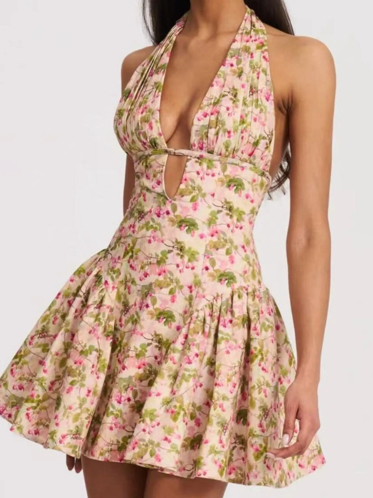 Floral Print Halter Plunge Keyhole Drop Waist Flared Mini Dress 2