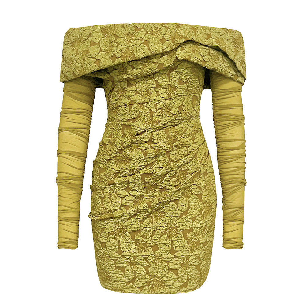 Off Shoulder Floral Jacquard Fold Over Mesh Long Sleeve Ruched Mini Dress 8