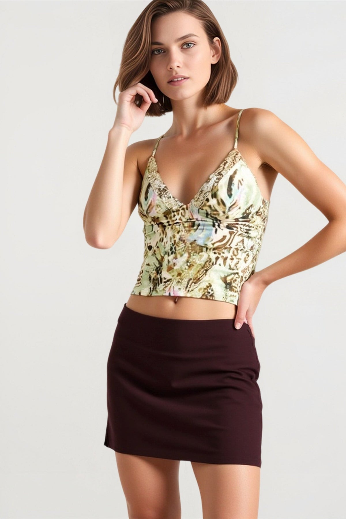 Tropical Print Deep V-Neck Bustier Style Cropped Cami Top 3