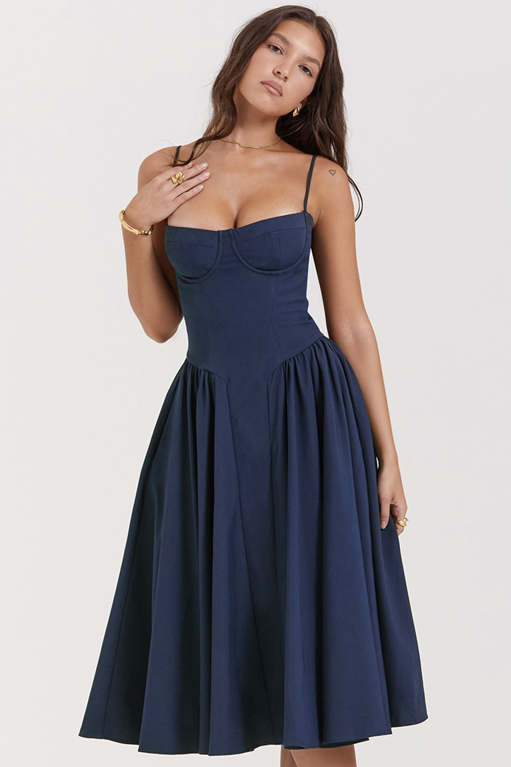 Underwire Sweetheart Corset Cami Drop Waist Full Skirt Midi Dress