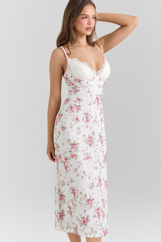 Floral Spaghetti Strap Lace Trim Sweetheart Slip Maxi Dress
