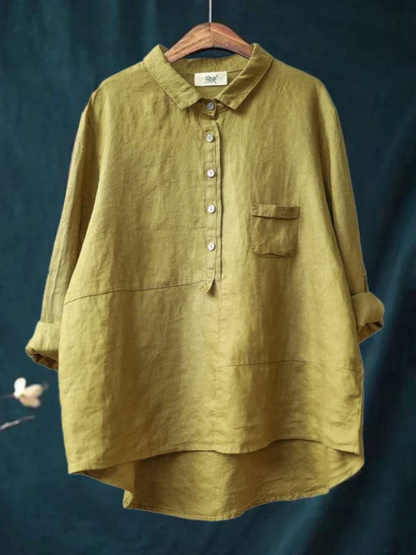 Collared Half Button Three Quarter Sleeve Linen Blouse